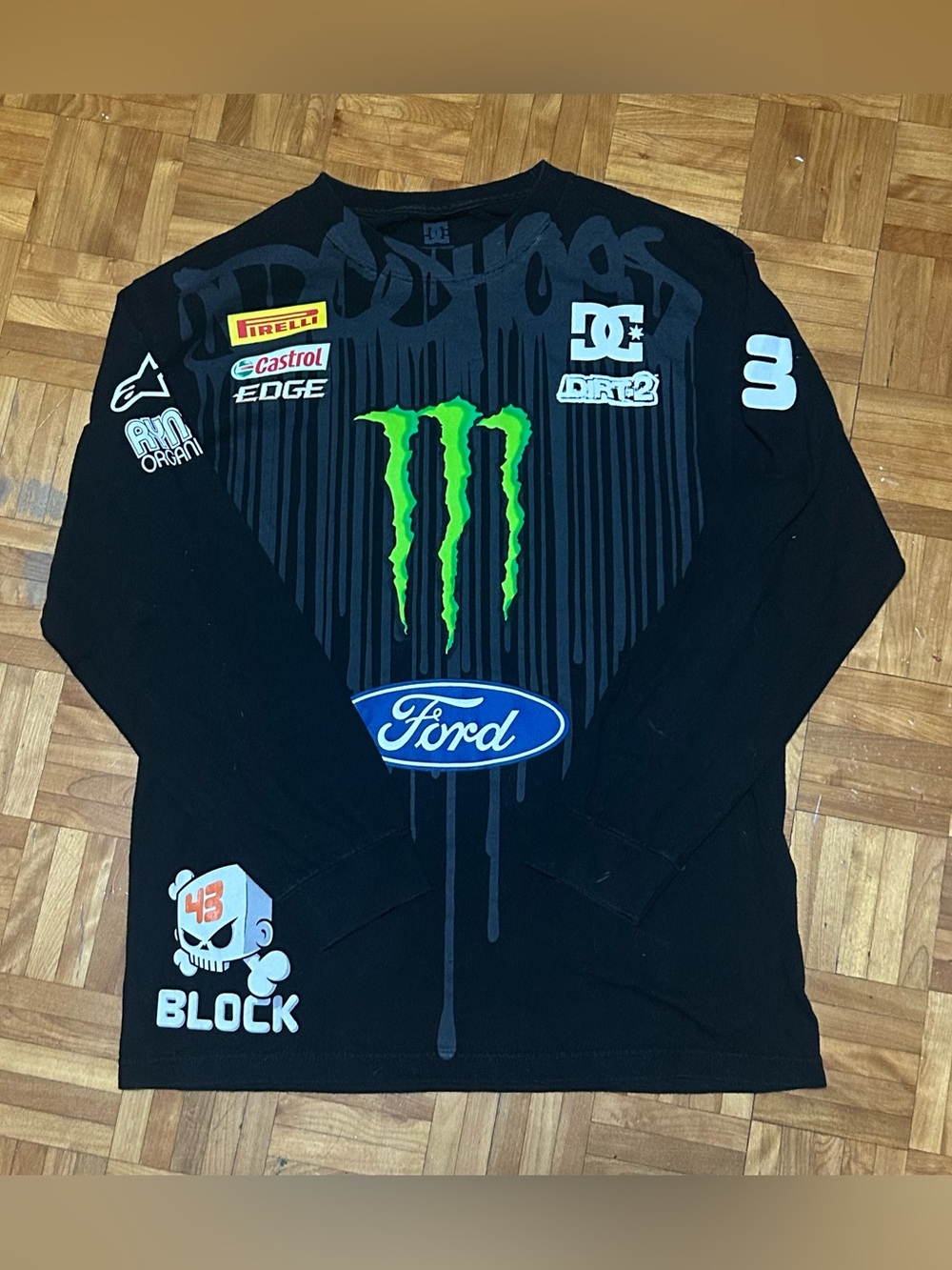 DC Black Long Sleeve Racing Tee with Green Monster and Blue Ford Logos Ken Block